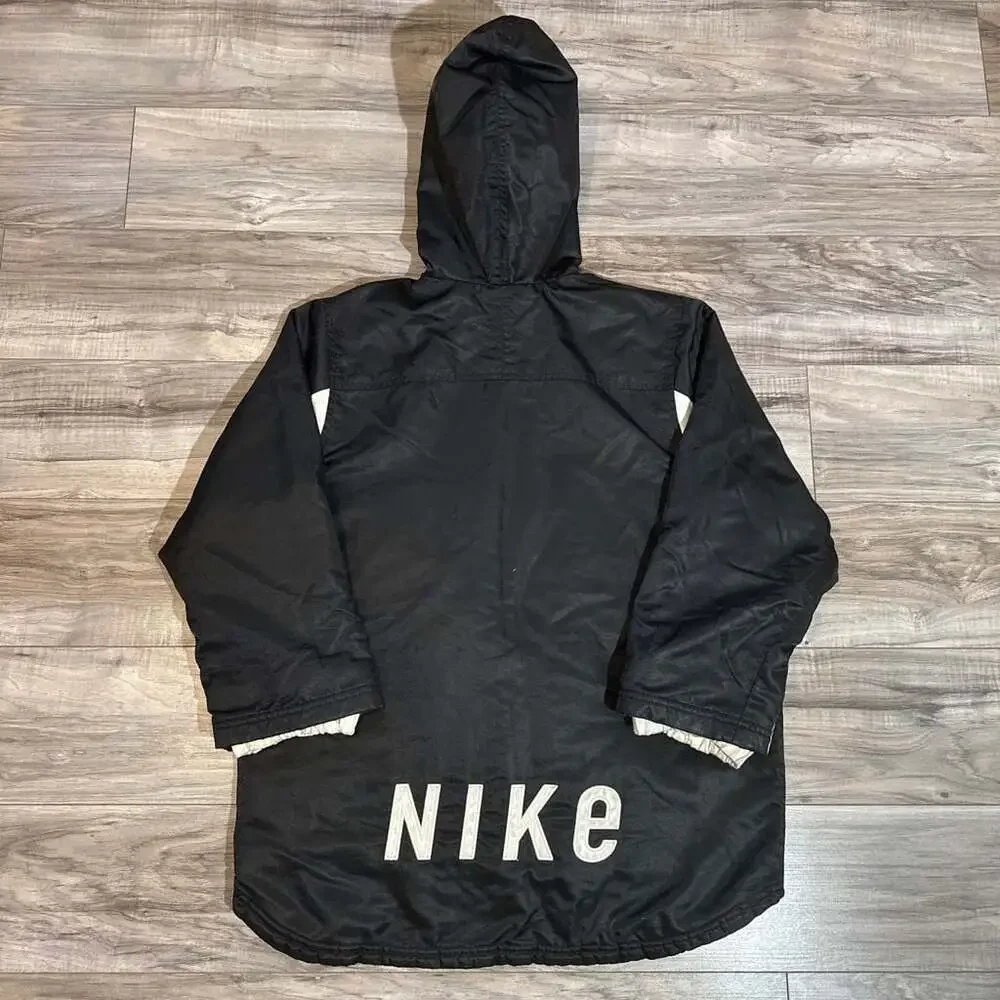 Vintage 90s Nike Youth Puffer Jacket Black with White Logo Spell Out Size Medium